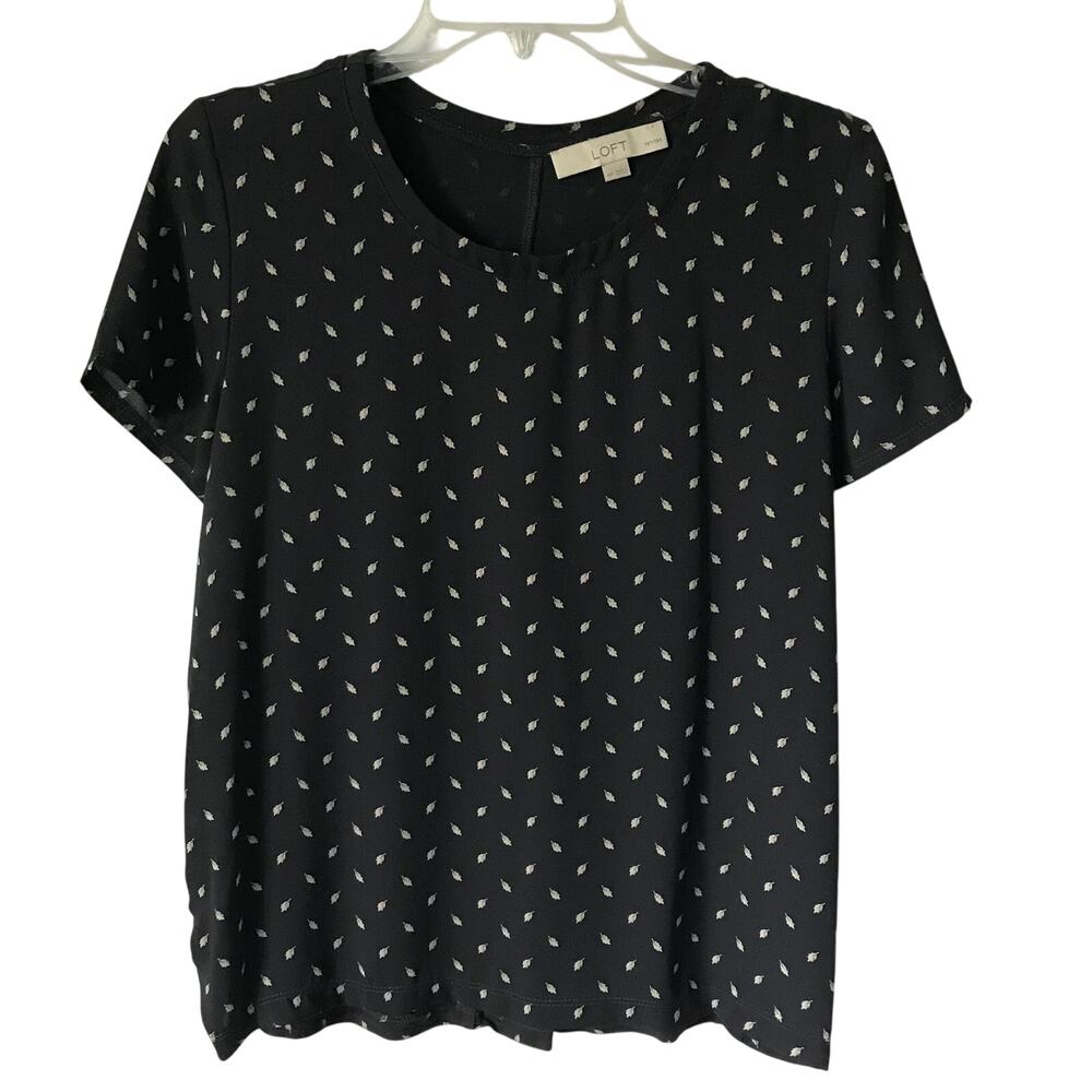 Loft Blouse Top Medium Petite Womens Short Sleeve Navy White Leaf Print